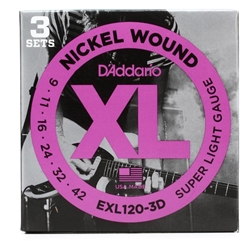 D'Addario EXL120-3D Nickel Wound Electric Guitar Strings Super Light 9-42 3 Sets